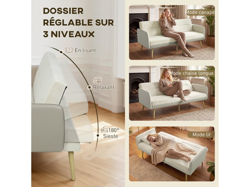 Canapé convertible 3 places 3 en 1, canapé-lit clic-clac, dossier réglable, assise rembourrée, beige, 185 x 84 x 83 cm - Conforama E