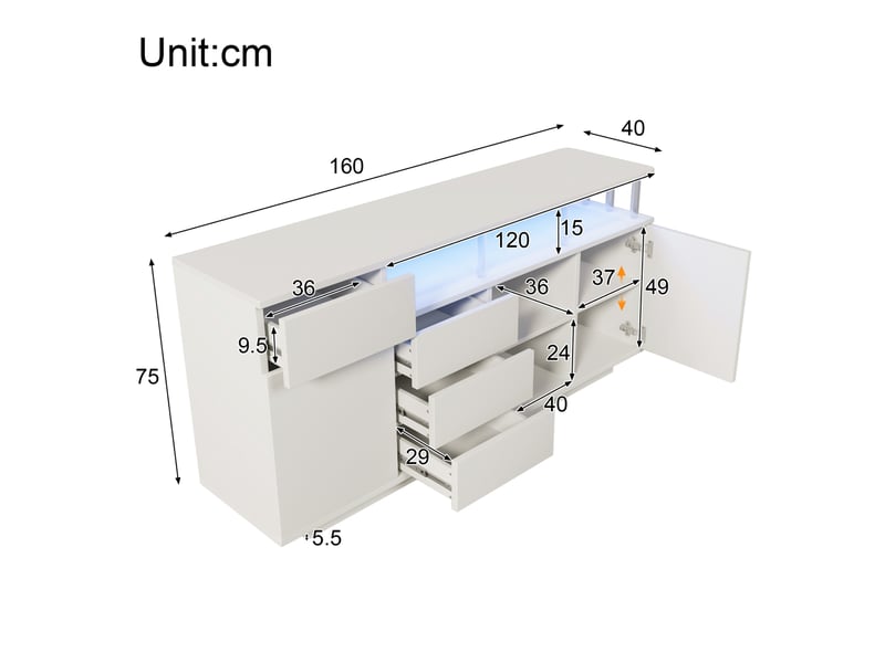  Buffet et enfilade avec 2 portes, 4 tiroirs, étagères réglables et led pour salon, en bois, blanc, 160 × 40 × 75 cm  - Conforama D