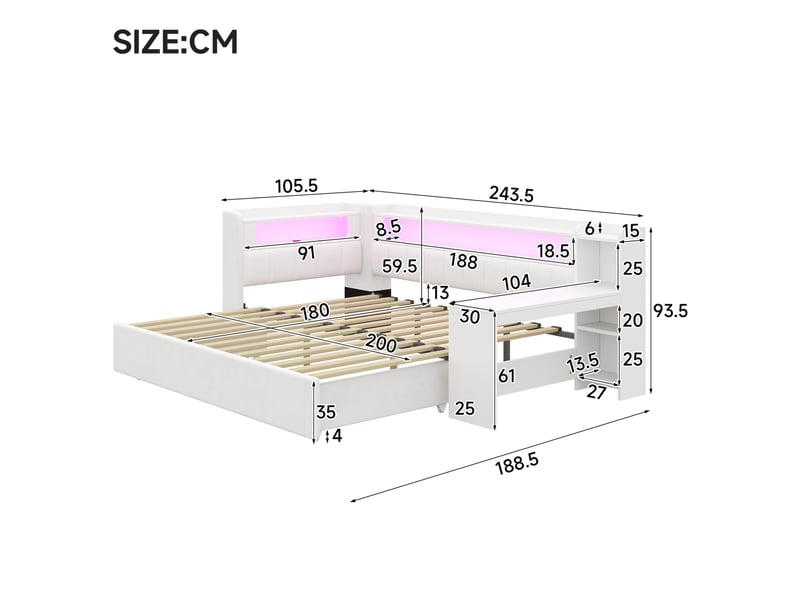  Lit gigogne 90x200 cm à 180x200 cm avec usb et led mdf blanc sans matelas  - Conforama E