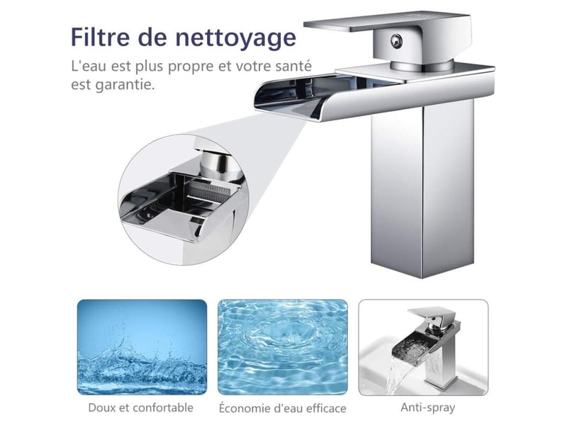  Robinet de lavabo de salle de bain, mitigeur de lavabo cascade au design moderne, eau chaude et froide disponible, laiton chromé (sans tuyau)  - Conforama B