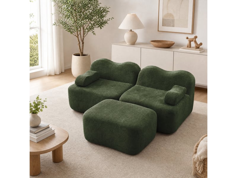  Canapé d'angle modulaire 2 places avec pouf en velours vert, forme ondulée  - Conforama C