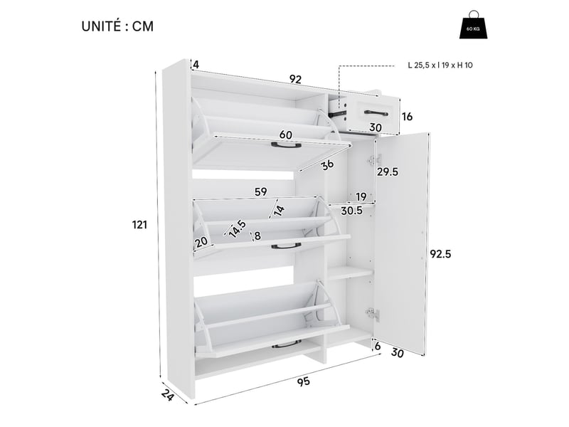  Meuble à chaussures 3 abattants 1 porte 1 tiroir mdf blanc 92x24x121 cm  - Conforama C