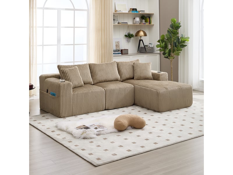  Canapé modulaire avec méridienne 3 places en velours côtelé 257 x 160 cm avec poches et coussins  - Conforama D