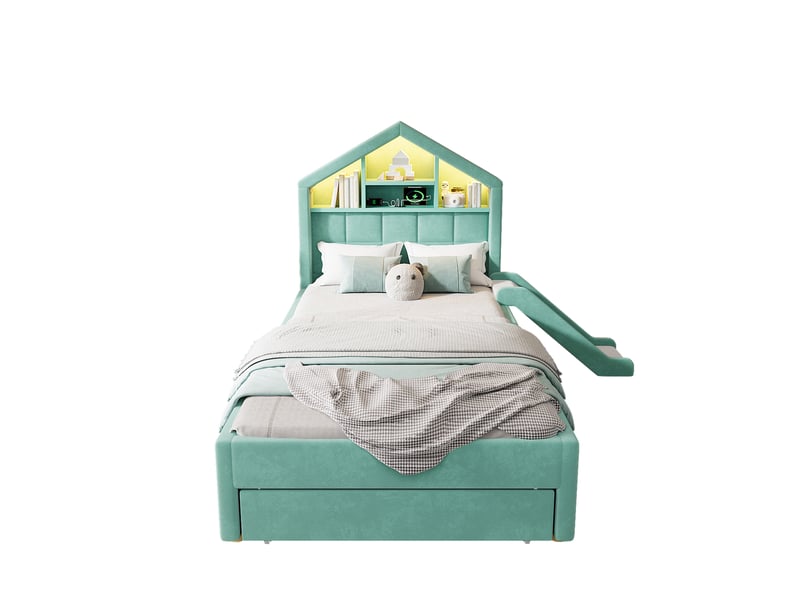  Lit enfant 90x200 cm bleu vert en velours, toboggan réversible, led et grand rangement sous le lit  - Conforama A