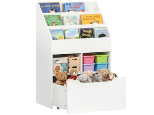 Bibliothèque enfant en bois avec 3 compartiments, 2 cubes et tiroir mobile à 4 roulettes, 60 x 29,9 x 90 cm, blanche