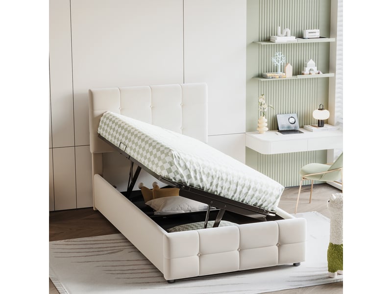 Lit coffre rembourré 90 x 200 cm, coffre à relevage hydraulique, tête de lit réglable, sommier à lattes, structure rembourrée, velours, beige ABC - Conforama D
