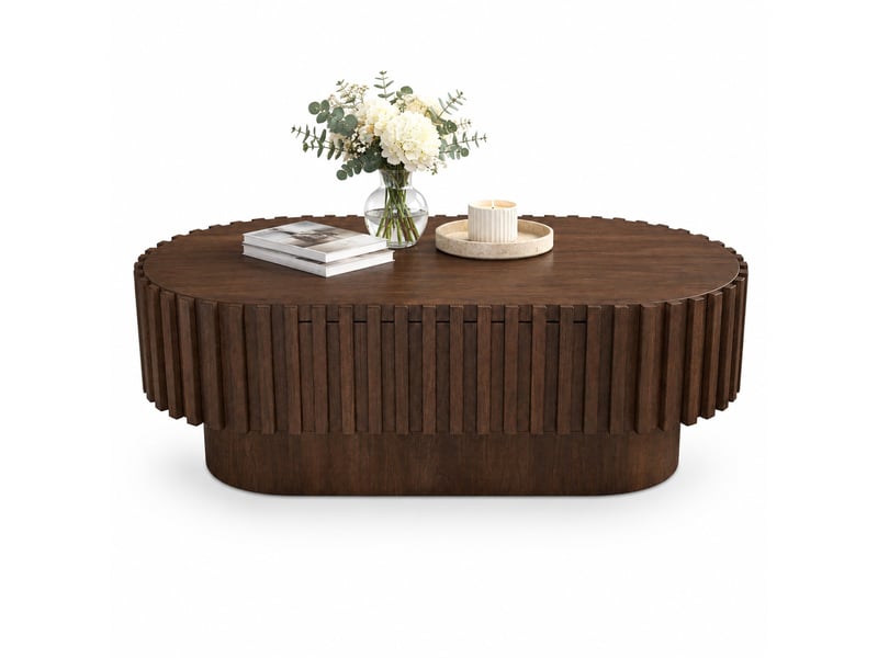  Table basse ovale 100 x 50 x 35,5 cm en mdf bois foncé, 1 tiroir, décor à lamelles verticales pour le salon  - Conforama A