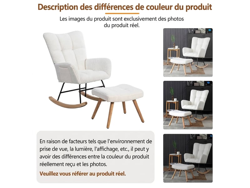  Fauteuil à bascule blanc avec repose-pieds, tissu bouclette et cadre en bois d'hévéa, siège lounge, 92 cm  - Conforama E