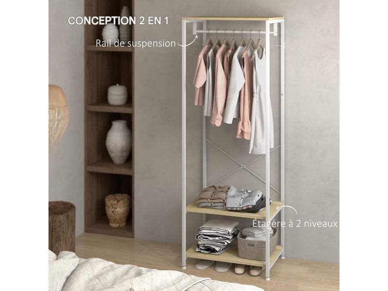  Porte-manteau avec tringle et 2 étagères métal blanc aspect bois 60 x 40 x 167,5 cm  - Conforama D