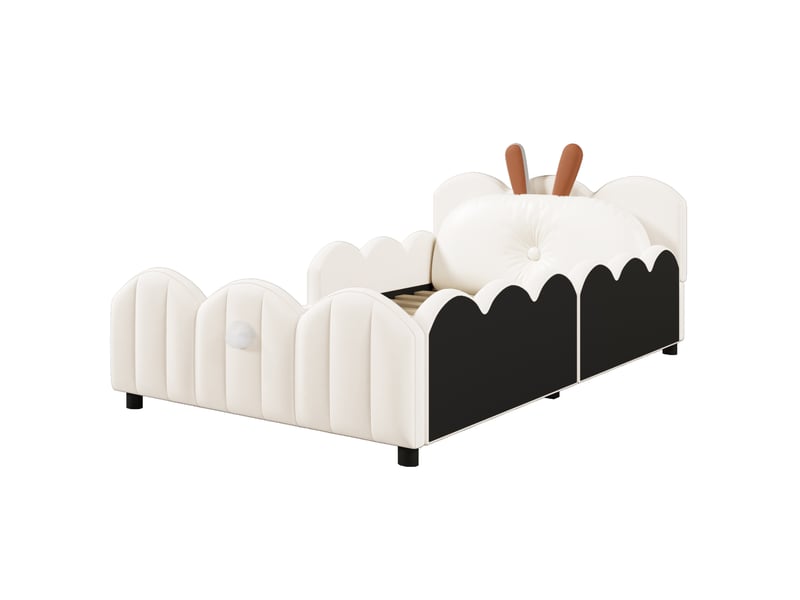  Lit enfant plateforme 90x200 cm beige rembourré avec barrières et coussin lapin  - Conforama E
