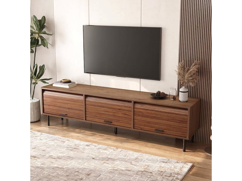  Meuble tv noyer 180 cm portes coulissantes pieds métal noir  - Conforama E