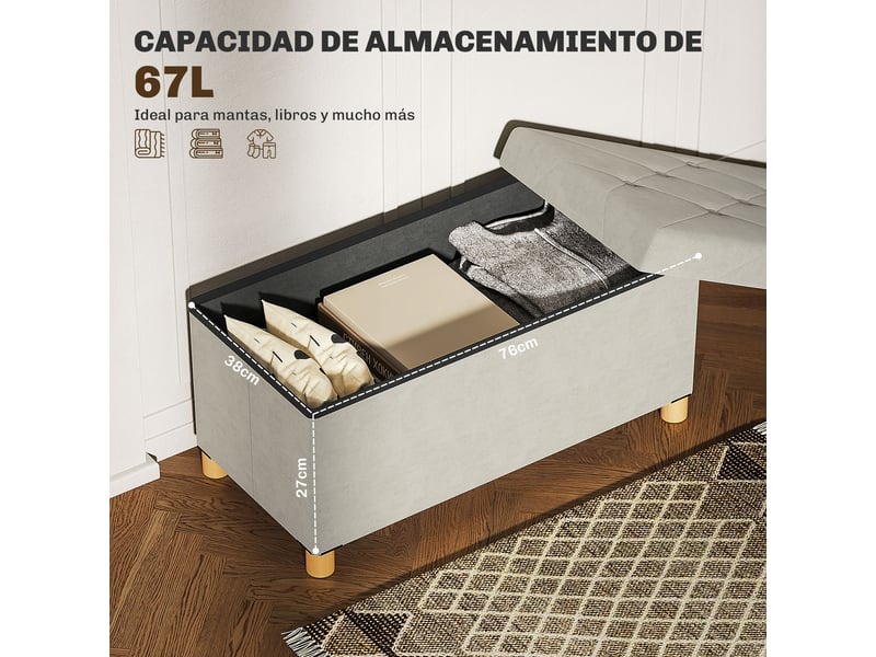  Banc de rangement d'une capacité de 67 l 76 x 38 x 38 cm tapissé en velours charge 120 kg pour salon chambre en crème  - Conforama E