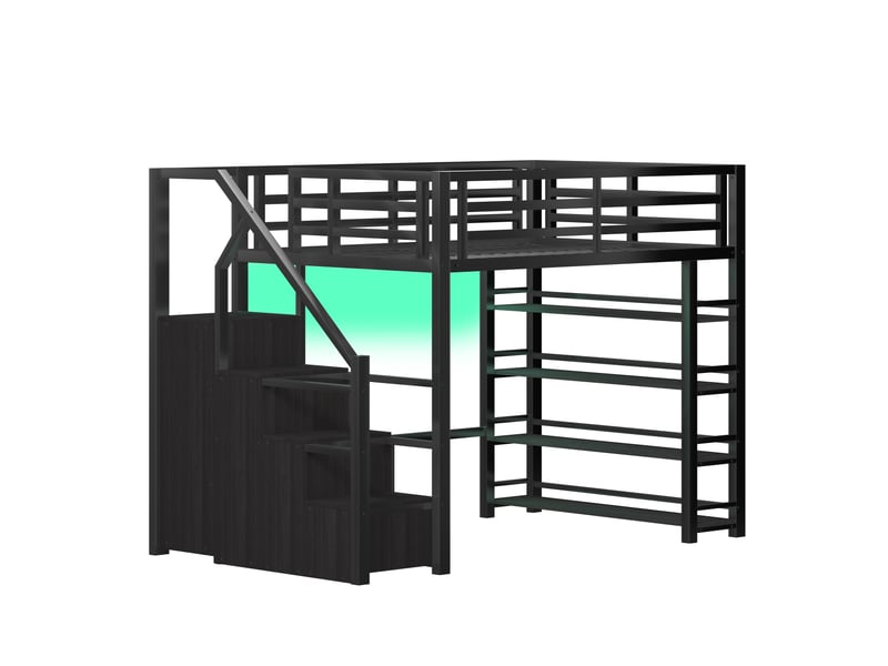  Lit mezzanine 140x200 cm noir, avec rangements, étagères, placard, penderie, escalier de rangement, led, structure métal, sommier inclus, sans matelas  - Conforama D