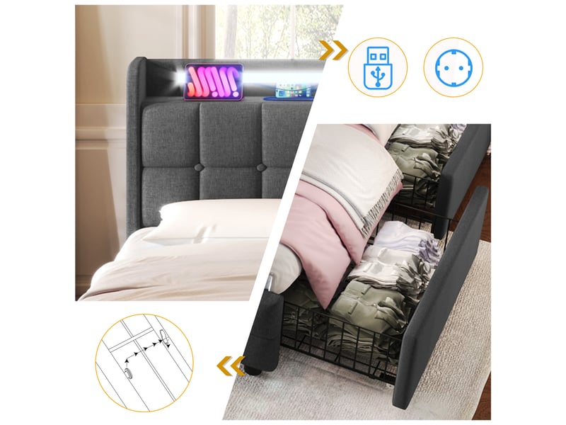 Lit coffre 180x200 cm rembourré avec 4 tiroirs-led et usb intégrés-tête de lit avec rangement-sommier à lattes-gris - Conforama D
