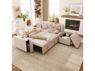 L-canapé d'angle extensible incurvé avec fonction couchage et espace de rangement-tabouret, table basse pliante, usb- et type-c-connexion, lampe de lecture et 2 coussins – idéal pour le salon, la chambre d'amis ou le home cinéma – beige