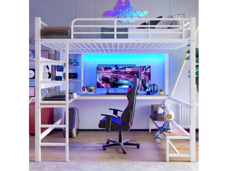 Lit mezzanine 140 x 200 cm avec bureau, étagères, led, prises usb et usb-c, blanc - Conforama D