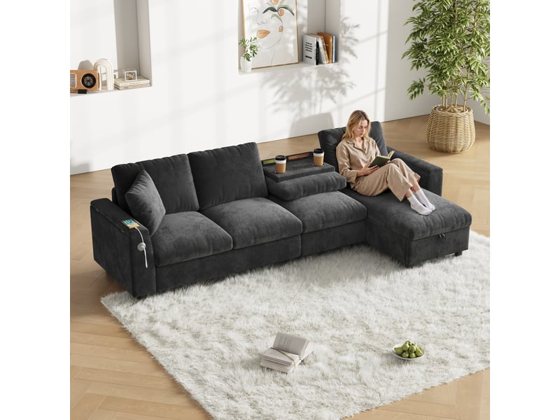  Canapé d'angle réversible fixe 4 places tissu gris coffre de rangement canapé d'angle gris - Conforama B