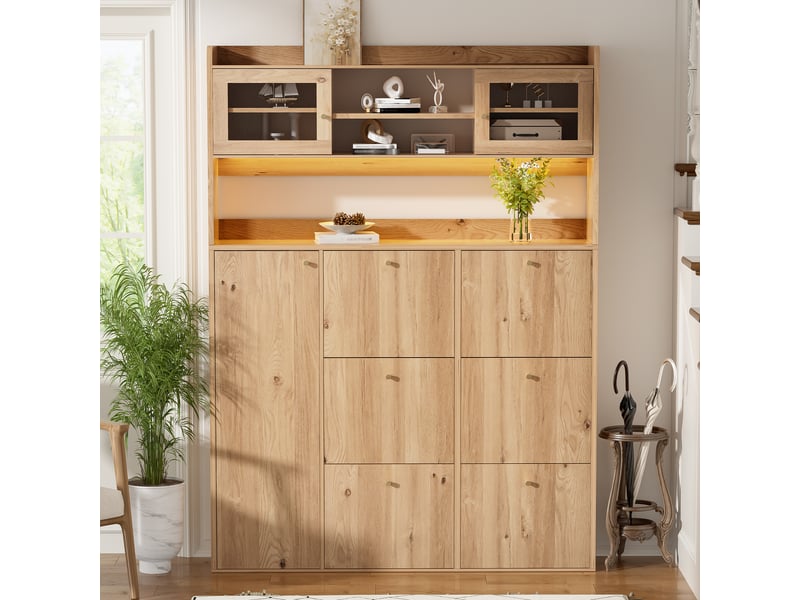  Meuble à chaussures étroit avec porte et led, 130x25x180 cm, panneau de particules couleur naturel  - Conforama R