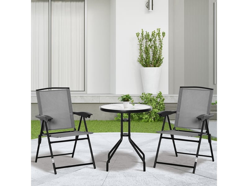  Ensemble de jardin 3 pièces 2 chaises inclinables multi-positions pliables table ronde verre trempé métal textilène gris  - Conforama D