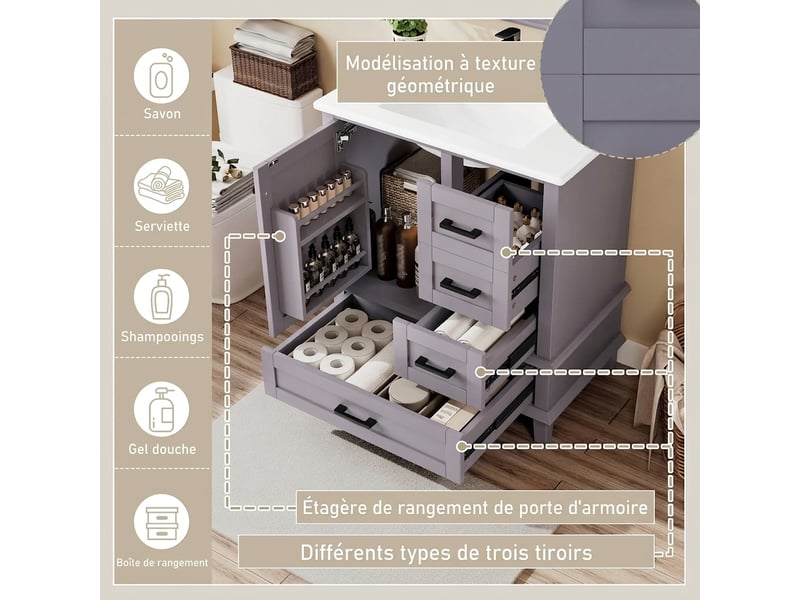  Meuble salle de bain sur pied 76 cm gris avec lavabo céramique intégré  - Conforama D