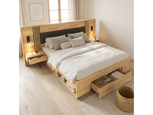 Lit double avec rangement 180x200 cm en bois naturel, 2 tables de chevet, liseuses et tiroirs