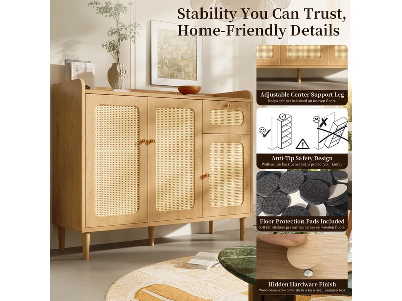  Buffet en rotin et effet chêne, commode 3 portes et 1 tiroir, meuble de rangement 120 cm (sans matelas).  - Conforama C