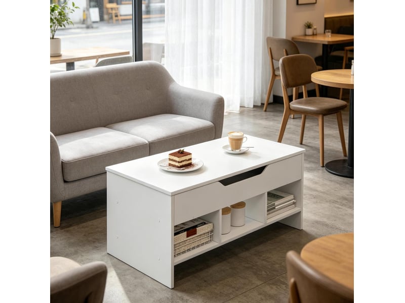  Table basse relevable 96x45x51 cm avec rangements, finition mélaminée blanche  - Conforama B