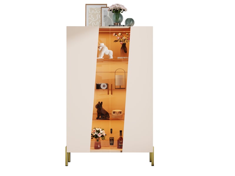  Vitrine blanche 72 × 40 × 145 cm avec porte en verre asymétrique, éclairage led et étagères en verre - beige  - Conforama A