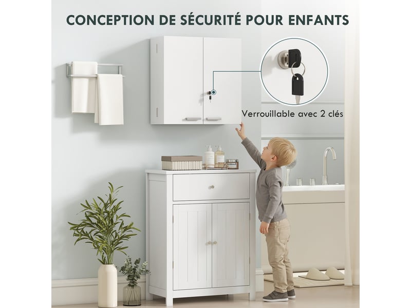  Armoire à pharmacie murale, armoire à médicaments avec double porte verrouillable 2 clés, blanc, 53x20x53cm  - Conforama E