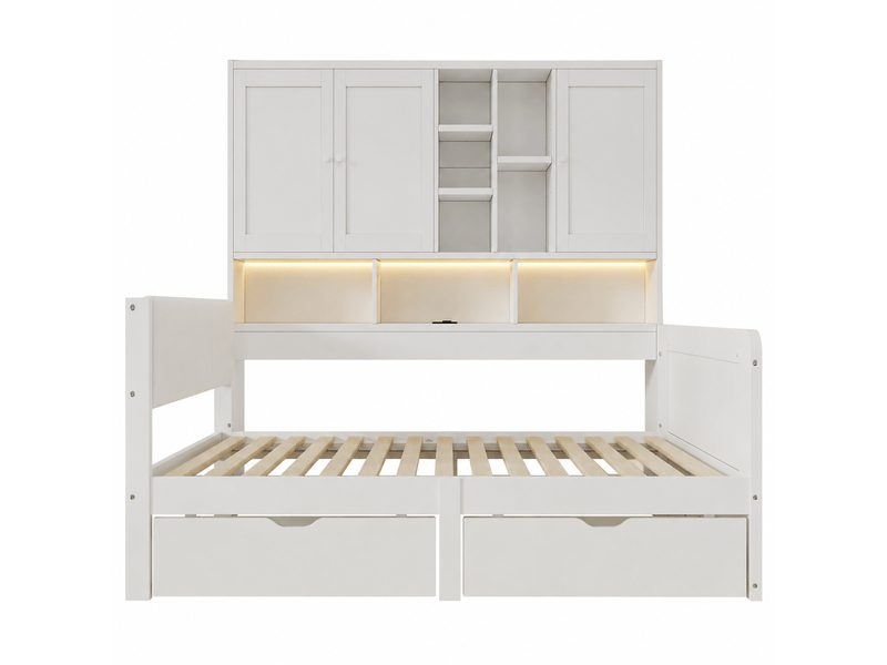  Lit enfant, lit coffre 90x200 avec éclairage led, ports de chargement usb et tiroirs, tête de lit rembourrée en pu, lit de jour, lit d'angle en bois, lit de jour avec étagères et placards, blanc  - Conforama D