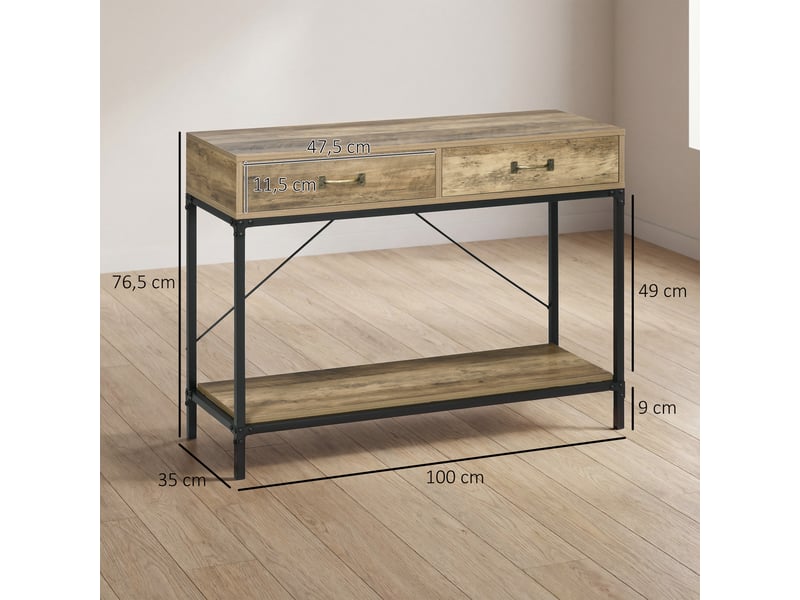  Table console table d'appoint d'entrée industriel avec 2 tiroirs et 1 plateau aspect bois dim. 100l x 35l x 76h cm  - Conforama C