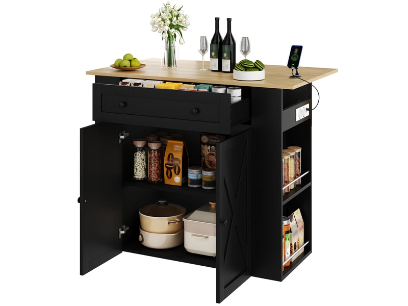 Îlot de cuisine extensible 120x4775x97 cm, 2 portes, tiroir, rangements latéraux, prises usb, mdf et panneau de particules, noir - Conforama A
