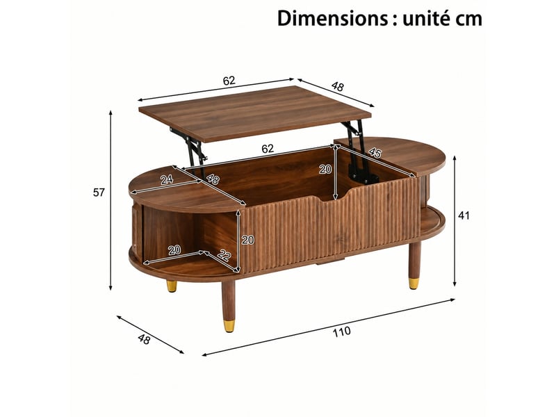  Table basse ovale avec plateau relevable, 110x48x57 cm, table de salon couleur noyer avec rangement caché et portes coulissantes.  - Conforama C