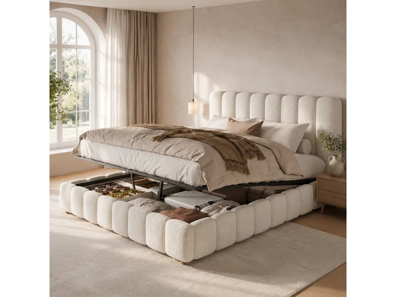 Lit coffre 160 x 200 cm en bouclé blanc avec sommier à lattes et tête de lit - Conforama D