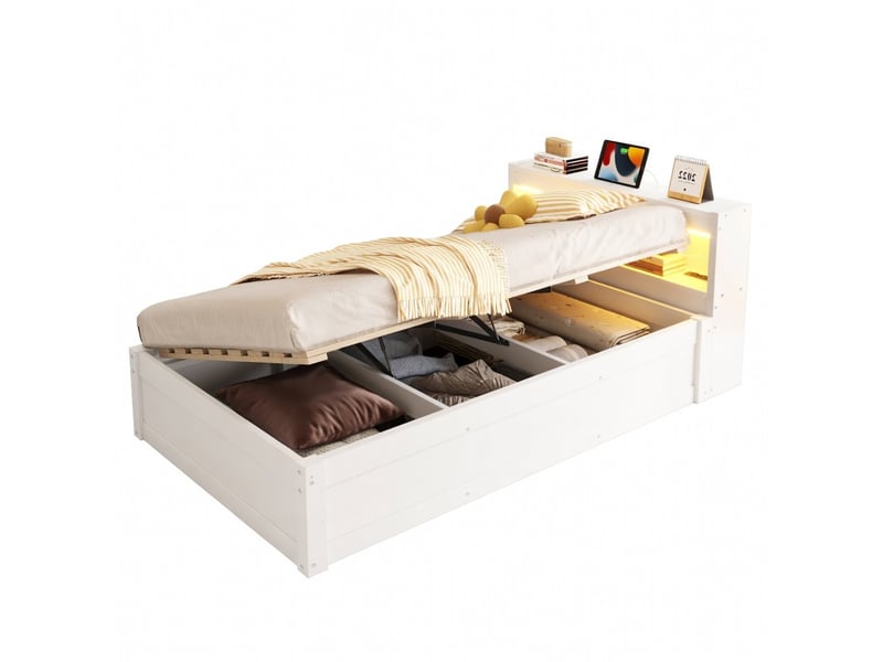 Lit banquette 90x200 cm avec rangements led multicolore prise euro mécanisme hydraulique bois massif blanc - Conforama A
