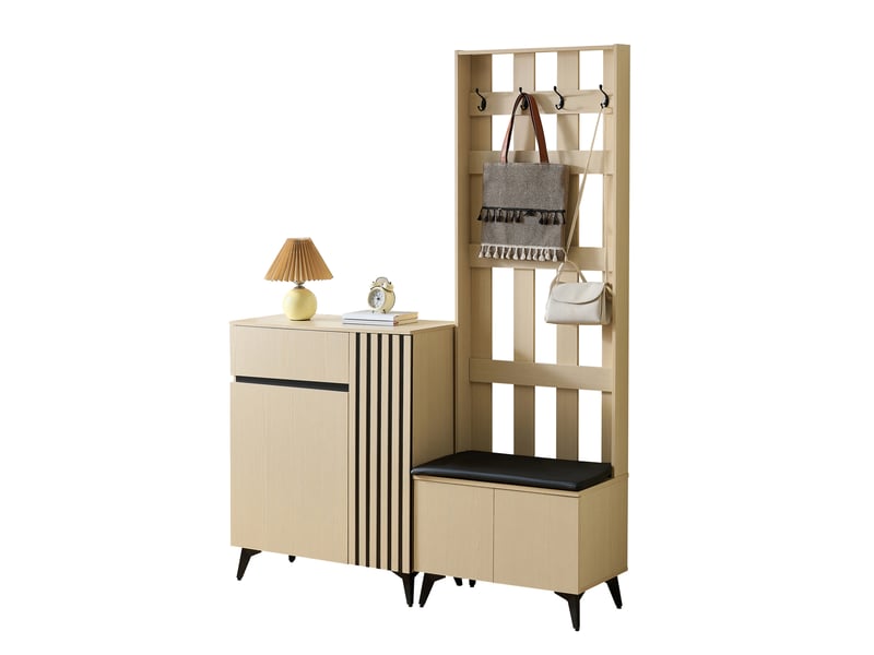  Meubles d'entrée avec banc rembourré, 4 crochets, 4 portes, tiroir et étagères réglables, pour couloir, mdf bois clair  - Conforama A