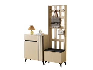Meubles d'entrée avec banc rembourré, 4 crochets, 4 portes, tiroir et étagères réglables, pour couloir, mdf bois clair