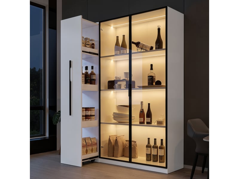  Vitrine armoire led 110x35x160cm meuble de rangement buffet haut bibliothèque avec portes vitrée étagère coulissante, blanc  - Conforama D