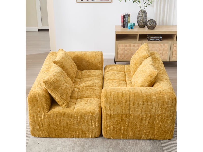  Canapé 158x90x60cm 2 places, rangement latéral, sans assemblage, meuble de salon, confort, revêtement chenille, jaune  - Conforama D