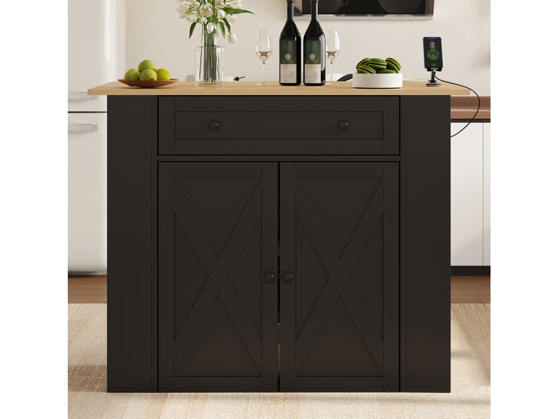  Îlot de cuisine 120x75x97 cm avec plateau rabattable en mdf noir, avec 2 portes, 1 tiroir, étagères latérales ouvertes et prises intégrées pour cuisine  - Conforama D