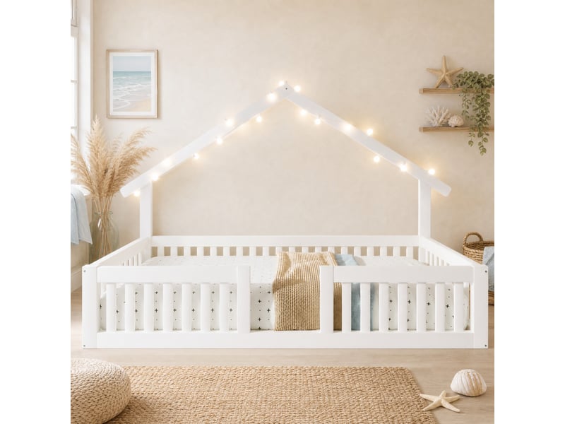  Lit cabane enfant modenvie 90 x 200 cm avec barrière de sécurité led mdf et pin blanc  - Conforama B