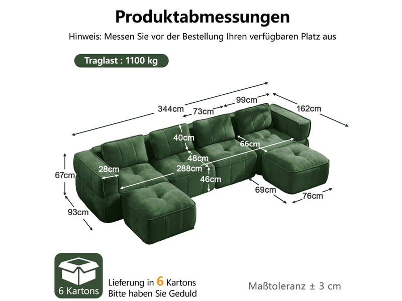  Canapé modulable modenvie 4 places en u avec 2 poufs, mousse haute densité 32d, polyester vert, 344 x 162 x 67 cm  - Conforama C