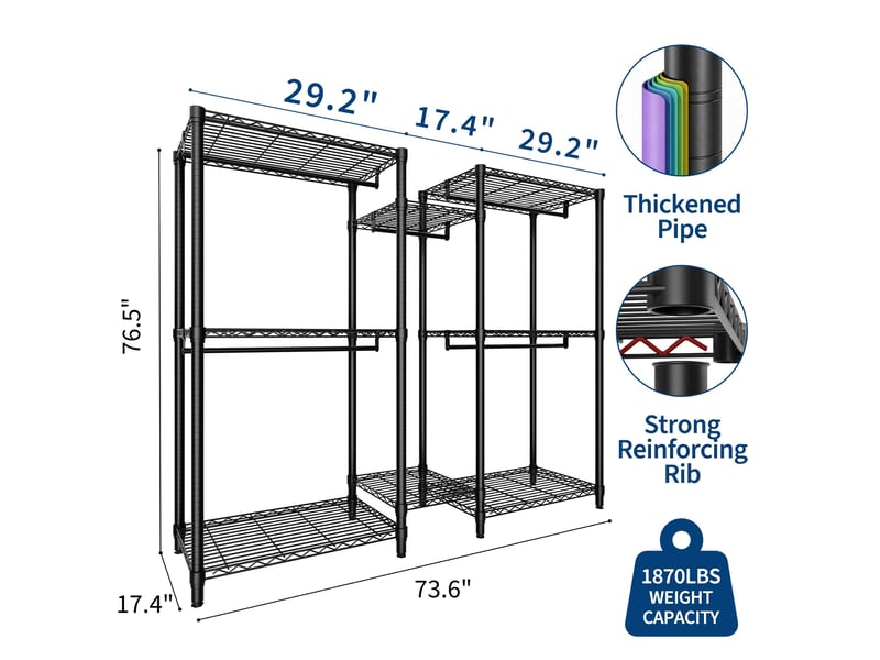  Penderie sur pied métallique robuste – 5 barres &amp; 8 étagères réglables – rangement ouvert grand capacité – facile à assembler PHK_36PBJBTU - Conforama B