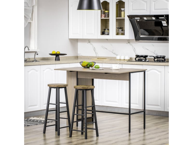  Ilot centra table de bar plateau latéral rabattable et 3 étagères 120 x 76 x 91,4 cm gris clair  - Conforama C