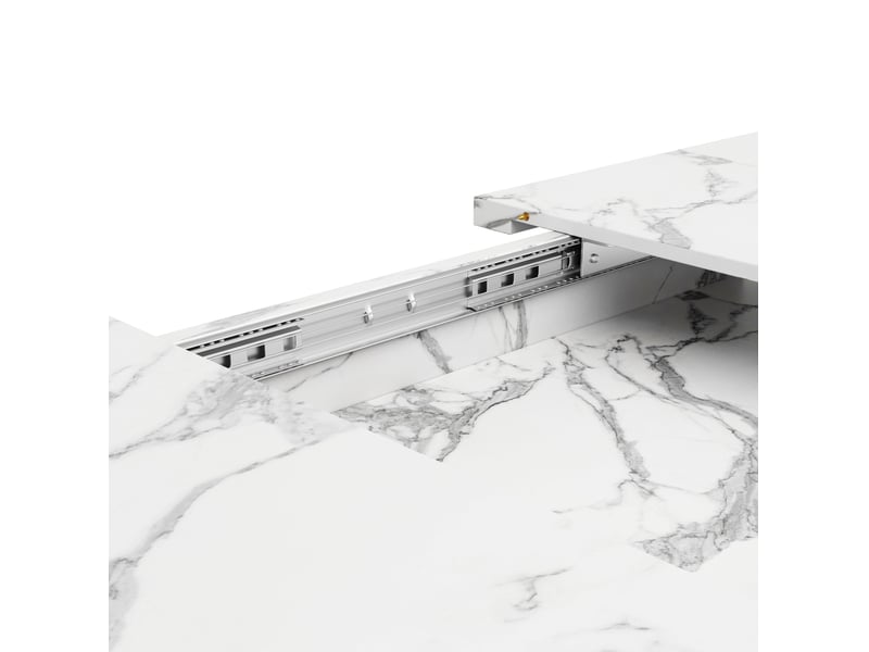  Table à manger extensible 120-160×80×76 cm, plateau finition marbre, mdf blanc, piètement étoile métallique noir  - Conforama E