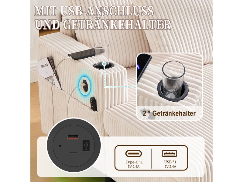  Fauteuil relax méridienne avec usb, led et porte-gobelets, assise profonde ergonomique, en velours côtelé beige  - Conforama E