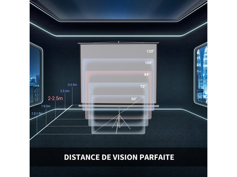  Écran de projection avec trépied pliable 84 pouces 4k hd 4:3, 180l cm, écran vidéoprojecteur, hauteur réglable, angle de vision 160°, pour home cinéma, blanc, films en intérieurextérieur  - Conforama E