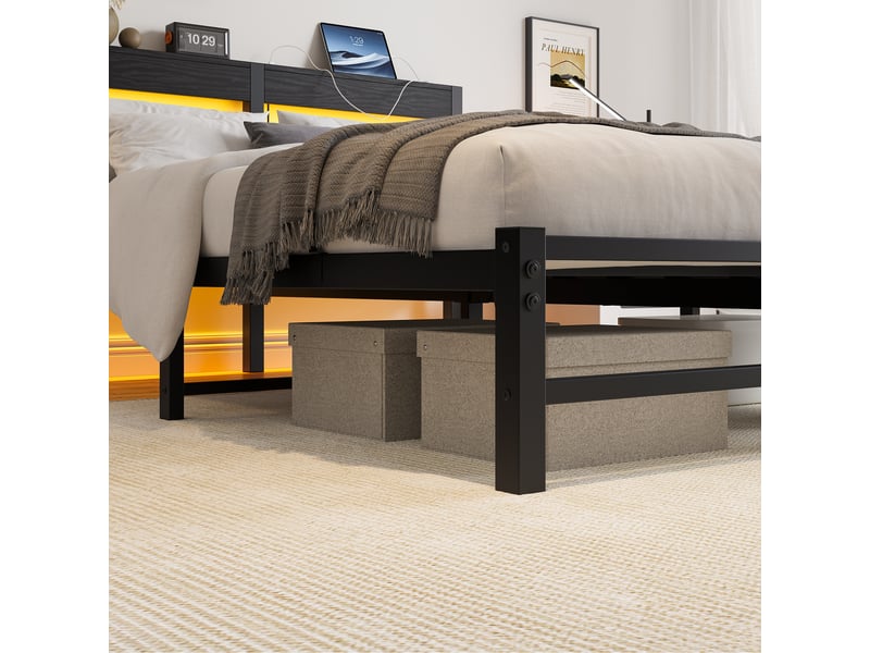 Lit double adulte 140x200cm avec éclairage led, lit métallique avec station de chargement usb et espace de rangement sous le lit, noir (sans matelas) OPULERANE TRADING LTD - Conforama D