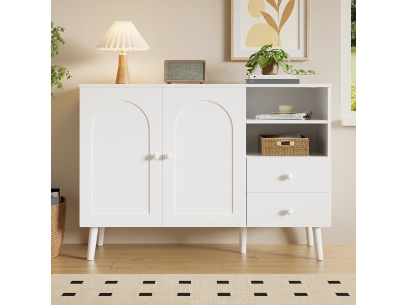 Buffet bas 118x35x82 cm, bahut meuble de rangement salon et entrée, 2 portes galbées, 2 tiroirs, 2 niches, pieds en bois - blanc - Conforama B