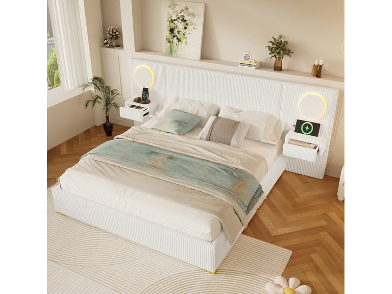  Lit 180 x 200 cm en velours beige avec tête de lit led, ports usb et tiroirs de chevet  - Conforama D